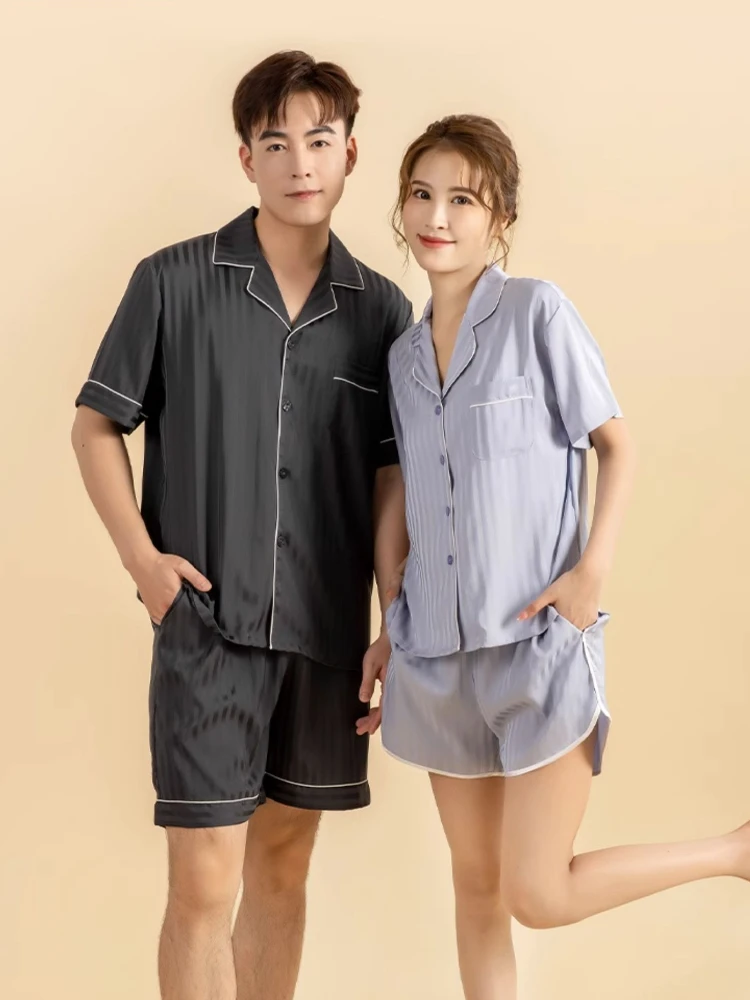 

Home Wear Couple Short-Sleeve Pajamas Simple Solid Color Casual Fashion Colorblock Lapel Pullover Four Seasons Universal Basic