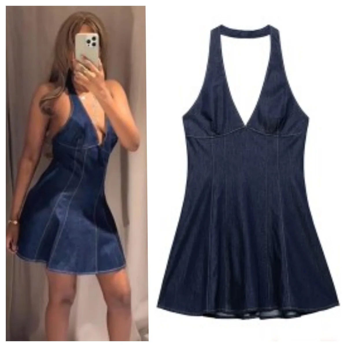 

Vintage Women Halter A-line Denim Short Dress V-neck Cinching Waist Ruff Hem Sleeveless Jeans Skirts Backless Zipper High Street