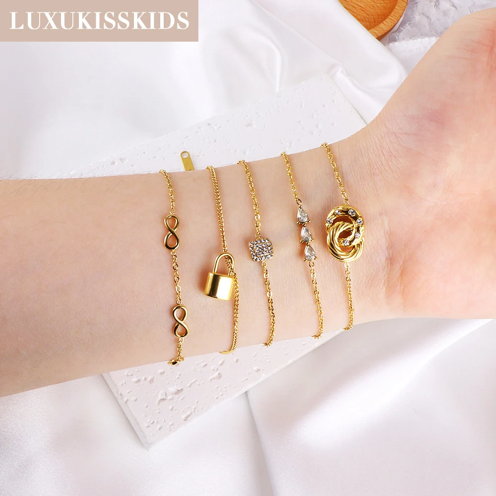 LUXUKISSKIDS Classic Simple AAA CZ Charm Bracelets Woman Fashion Steel Elegant Jewelry Lock Pendant Moon Stars Christmas Gifts