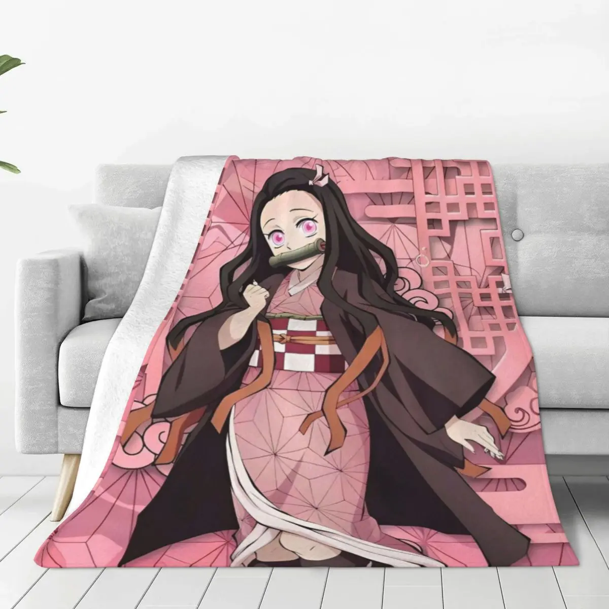 Kawaii Kamado Nezuko Warm Soft Blanket Demon Slayer Comic Cartoon Picnic Plush Throw Blanket Flannel Bedspread Sofa Bed Cover