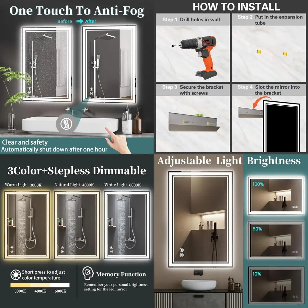 

LED Mirror with 3 Color Temperatures, Dimmer, Touch Sensor, Wall-Mounted Vanity Mirror, 24x36 inches