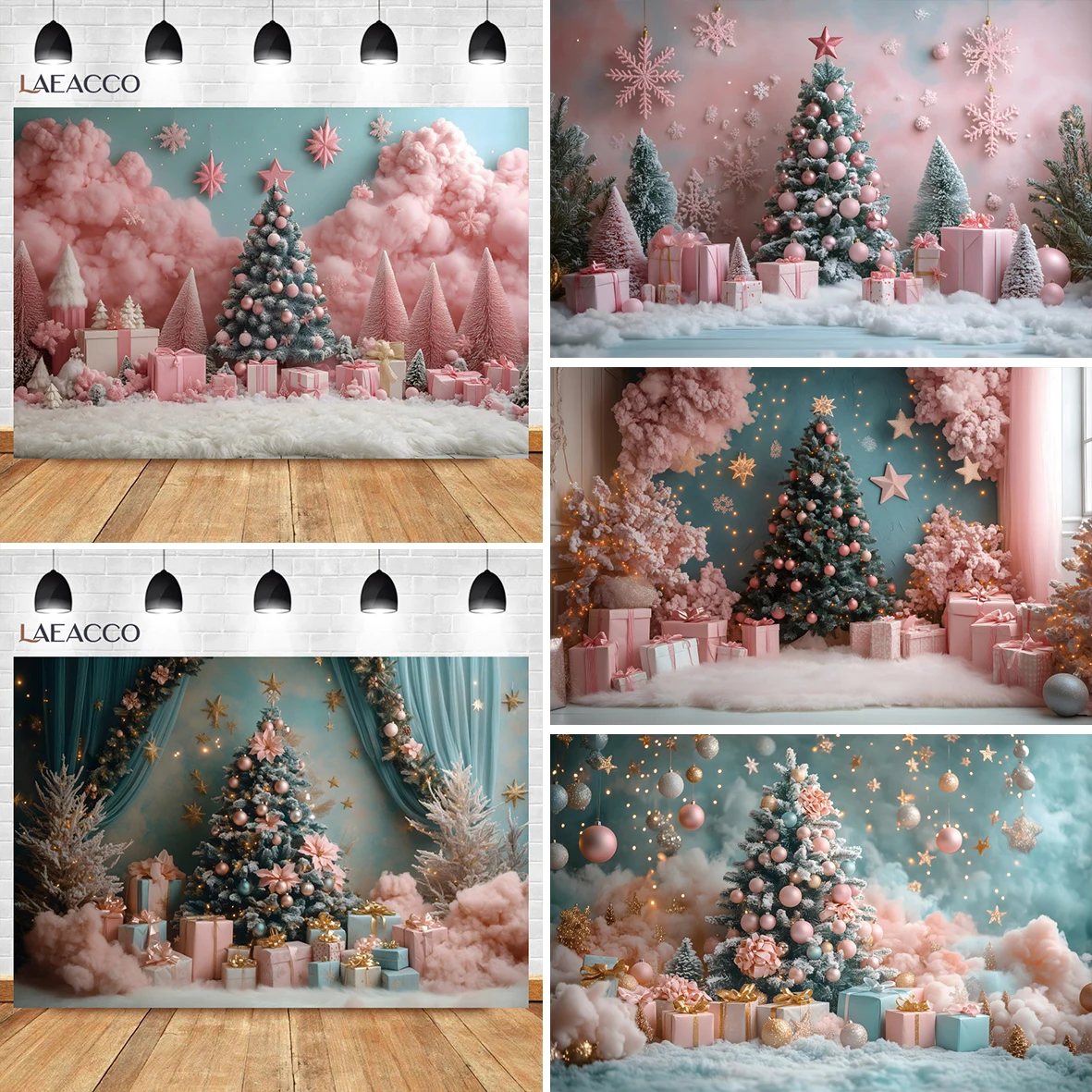 

Pink Christmas Sparkling Stars Photography Background Indoor Scene Clouds Gifts Xmas Tree Holiday Kids' Shoot Portraits Backdrop