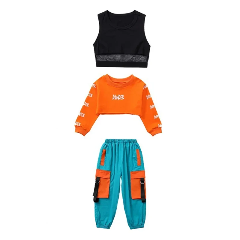 Hip Hop Girls Crop Top contrast Cargo Pants Child Jazz Joggers Streetwear Sweatshirt Kids Street Dance Cheerleader Clothes Sets