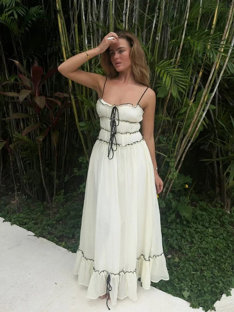 Foridol Spaghetti Strap White Sundress Flounced Edge Women's Dress Summer Beach Style Maxi Dress Bowknot Boho Vestidos 2024