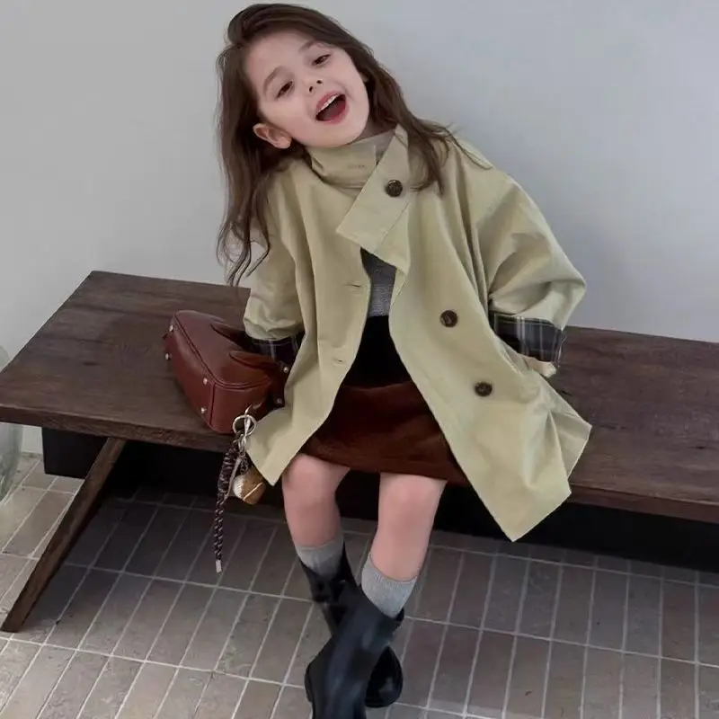 123  Spring Autumn Girls Long Trench Coat Retro Patchwork Loose Lapel Double-Breasted Windbreaker For Kids Fashion Coat 2-8 Y