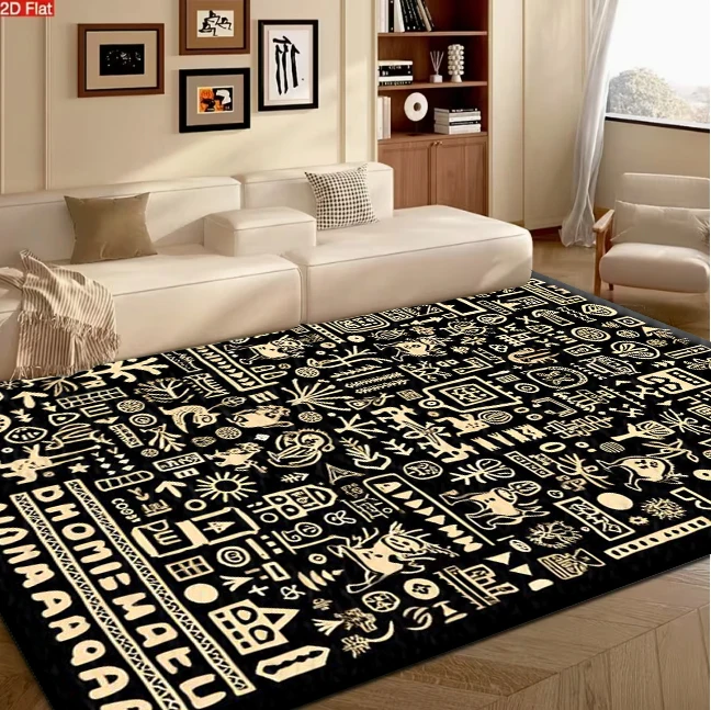 Black Background Beige Primitive Tribal Doodle Symbol carpet flooring, Ancient Ethnic Cave Art Repeating Print Area Rug for Living Room Bedroom Home Decoration