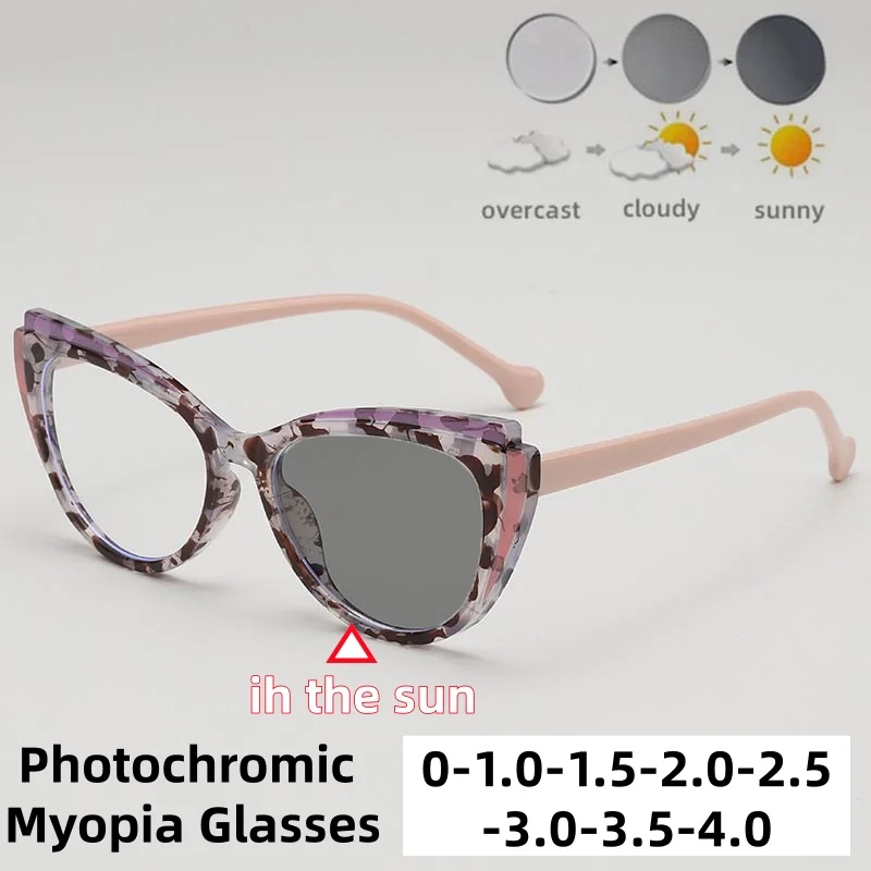 Retro Large Frame Photochromic Myopia Glasses Ladies' Fashion Cat Eye Color Blocked Blue Light Far Sight Glasses Diopter To -4.0