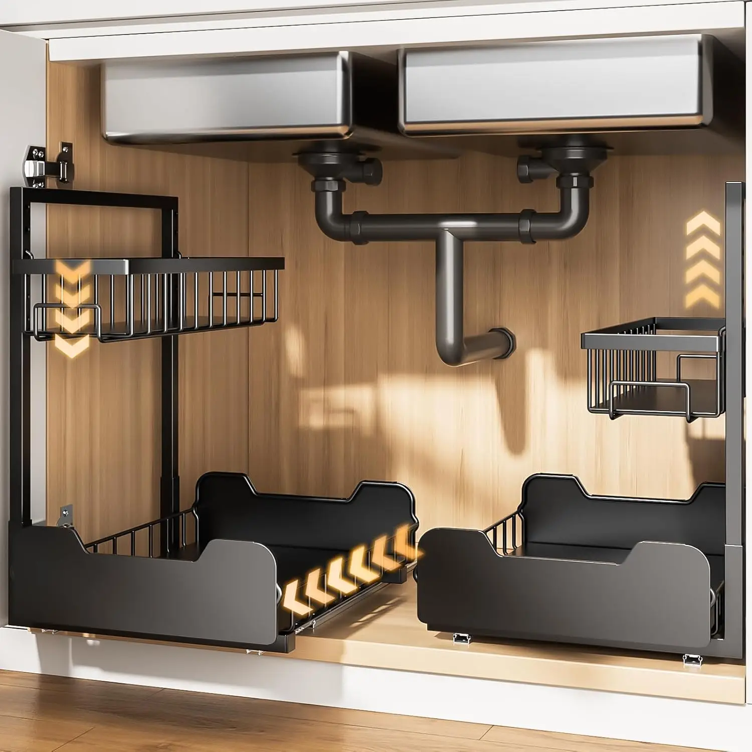 

Under Sink Organizer, 2-Tier L-Shaped Pull Out Cabinet Shelf with 2 Installation Methods, Adjustable Sliding Storage Drawer f