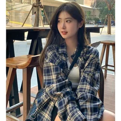 XEJ Plaid Shirt Lazy Style Retro Loose Shirt Cardigan Female Women's Shirt Coat Long Sleeve Autumn Spring Clothes South Korea