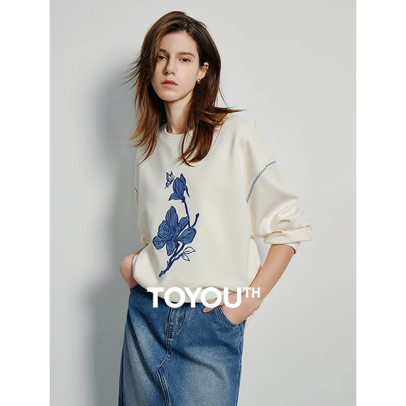 

TOYOUTH Womens Sweatshirt 2024 Spring New Applique Flower Embroidery Long Sleeve Round Collar Streetwear Pullover Tops