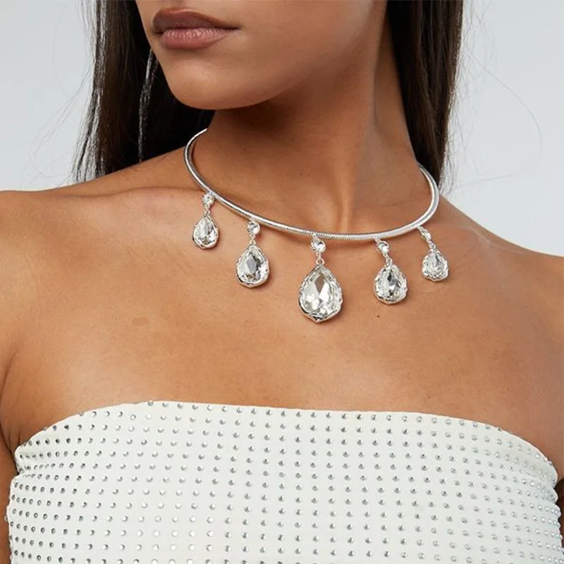 

Fashion Water Drop Rhinestone Pendant Necklace Collar Metal Tassel Bridal Necklace Choker Wediing Jewelry Women's Party Gifts
