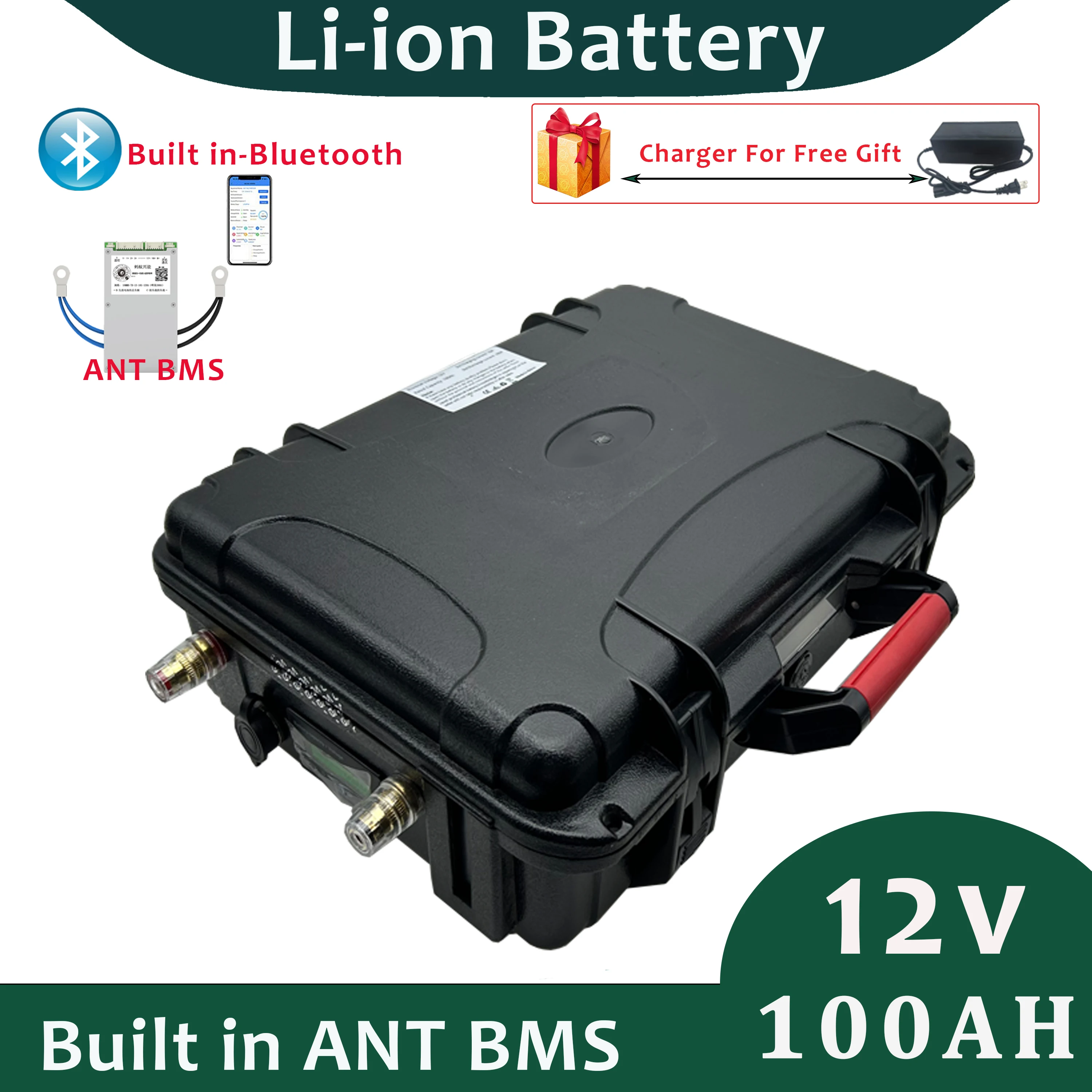 Waterproof Rechargeable 12v 60ah 80ah 100ah Lithium Ion Battery Cycle with ANT BMS Grate A Cell For Boat RV