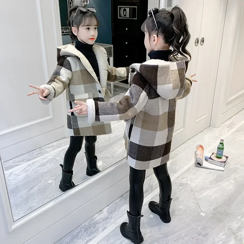 Autumn Winter Girls Hairy Coat Fashion Design Long Coat for Girls Kids Outerwear Grid Pattern Warm Winter Jacket Coats 4-12T