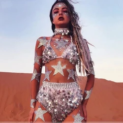 Women Singer Stage Costume Holographic Burning Man Rave EDM Music Festival Star Seq Outfits Clothes Gear Bodysuit Dance Wear