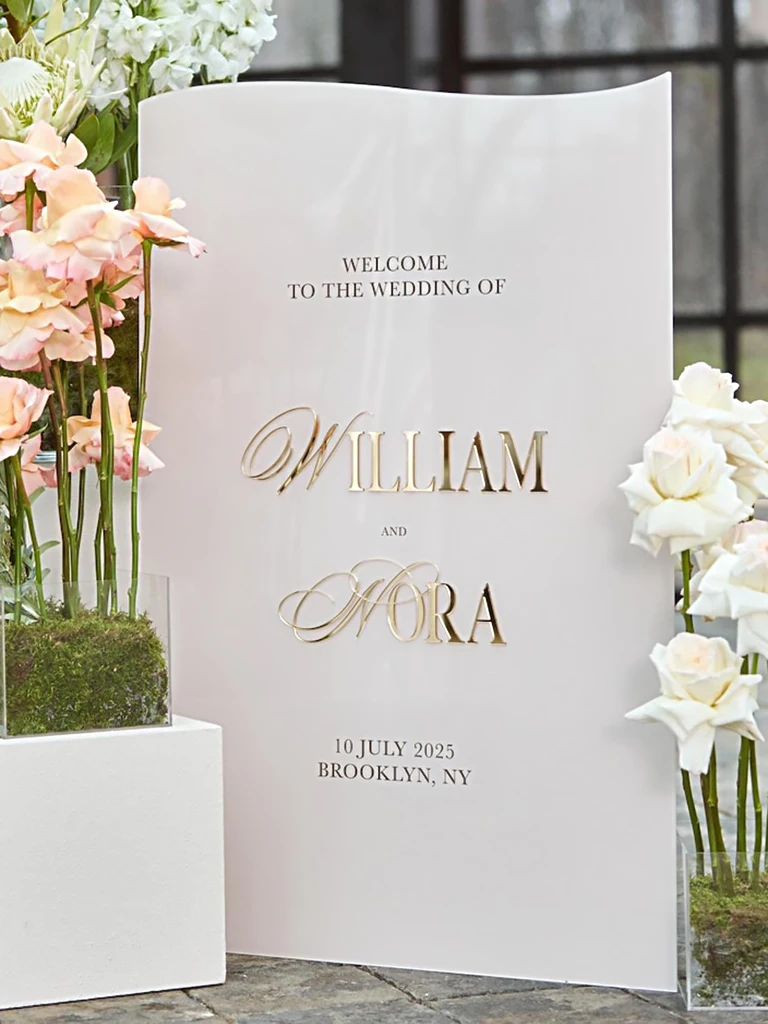 Wedding Signs with 3D Gold Mirror Names - Custom Acrylic Sign - Beige Acrylic Wedding Signage - Garden Wedding Decor