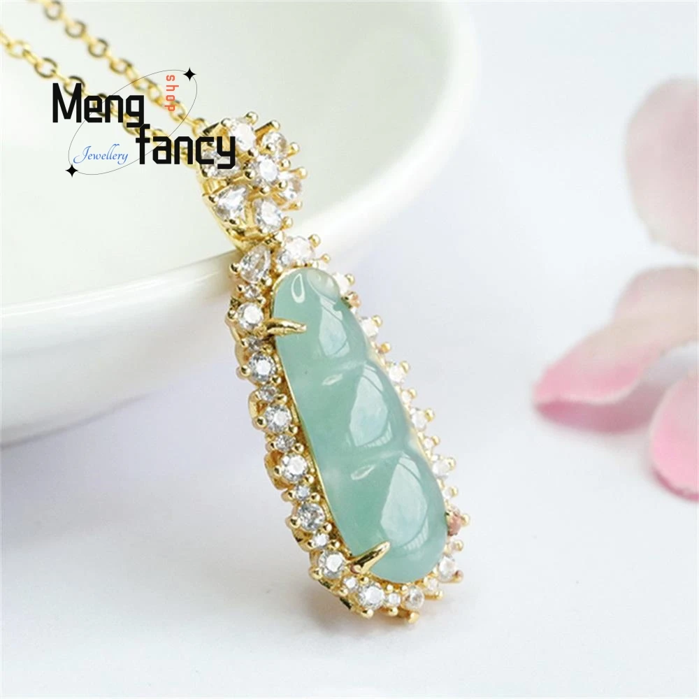 Natural A-goods Jadeite Icy Blue Water Four Season Beans Jade Pendant Exquisite Elegant Simple High-grade Couple Fashion Jewelry