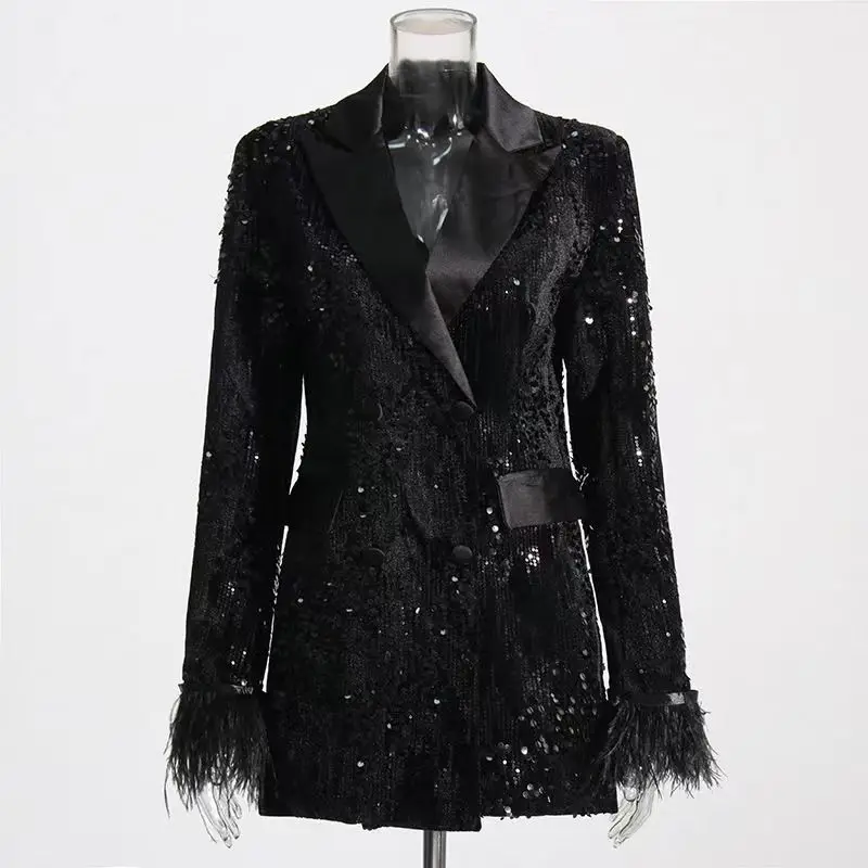 Women New In 2023 European Black Sequin Tailored Jacket Women\'s Mid Length Ostrich Shiny Party Casual Bling Blazer Top Clothing