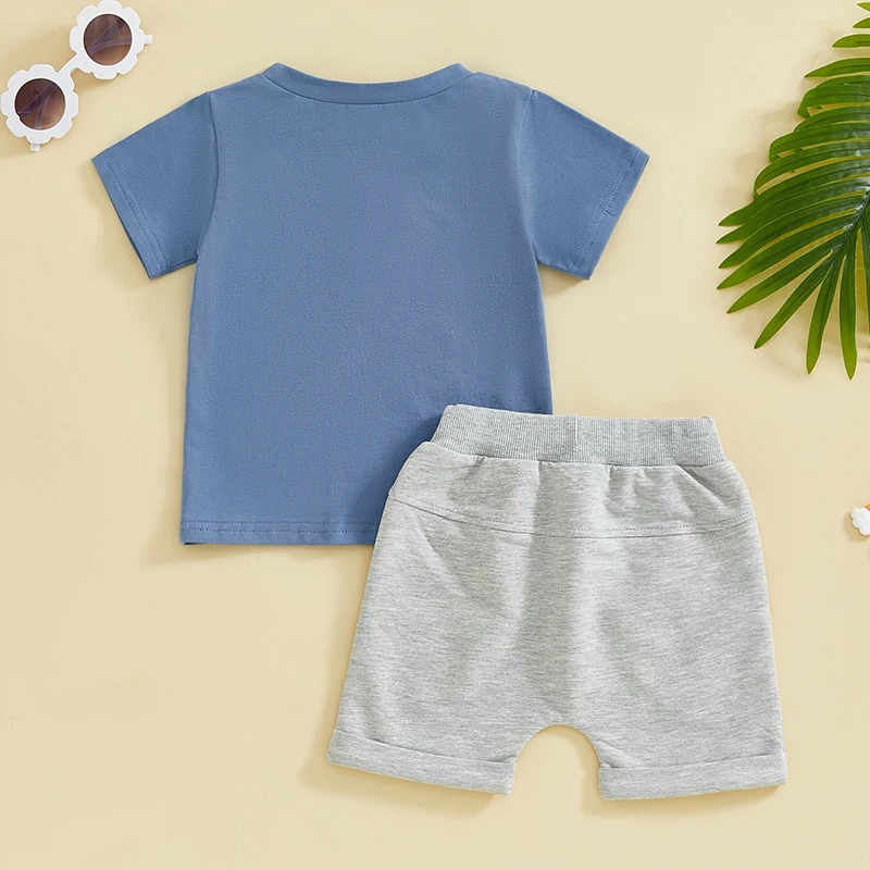 Toddler Kids Baby Boy Summer Clothes Letter Train Print Short Sleeve Round Neck T-Shirt with Elastic Waist Solid Shorts Outfit