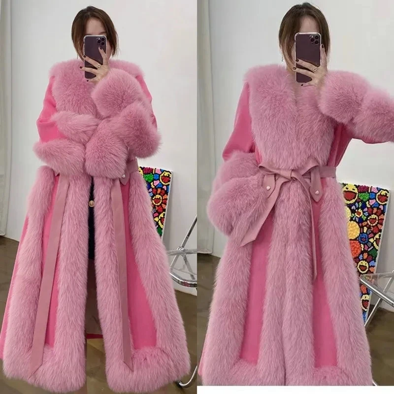 Winter Long Warm Thick Wool Faux Fur Coat Women Fur Collar Scarf Cuff Runway Loose Luxury Designer Clothing Women 2023 Fashion