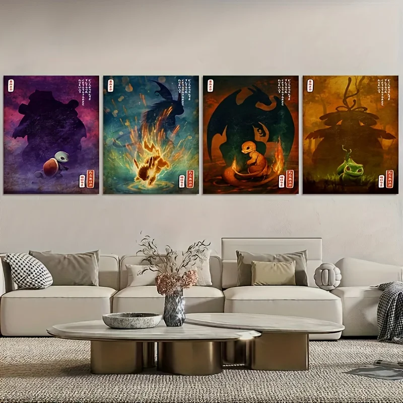 

4Pcs Games Pokemon Pikachu Squirtle Bulbasaur Charmander Poster Wall Art Prints Canvas Painting Wall Decor Room Home Decor