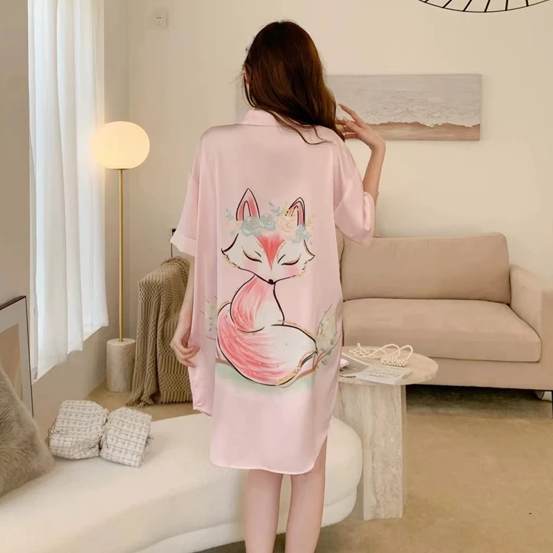 New Nightgowns Women Summer Spring Thin Sexy Fox Printing Nightshirts Sleepwear Homewear Cozy Nightdress Half Sleeves Pyjamas