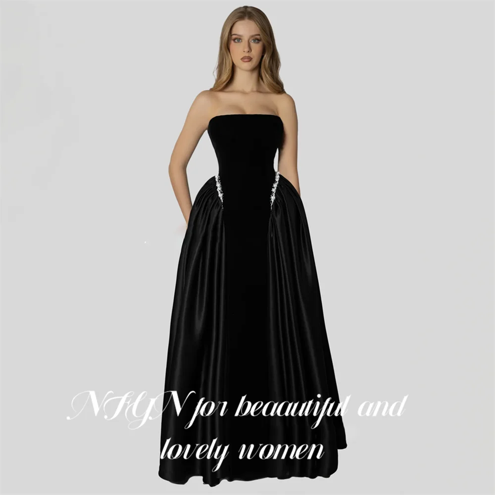 

NFYN Black Strapless Prom Dresses A-Line Stain Sleeveless Formal Gowns with Sequins Pleats Pearl Woman's Evening Gown Customized