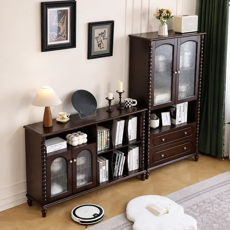 Solid Wood Bookcase with Glass Door Bookshelf Combination for Living Room American Retro Style Storage Cabinet