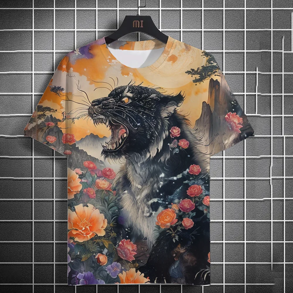 Camiseta deportiva 3D de manga corta para hombre، camisa غير رسمية de secado cepat con estampado de Tigre