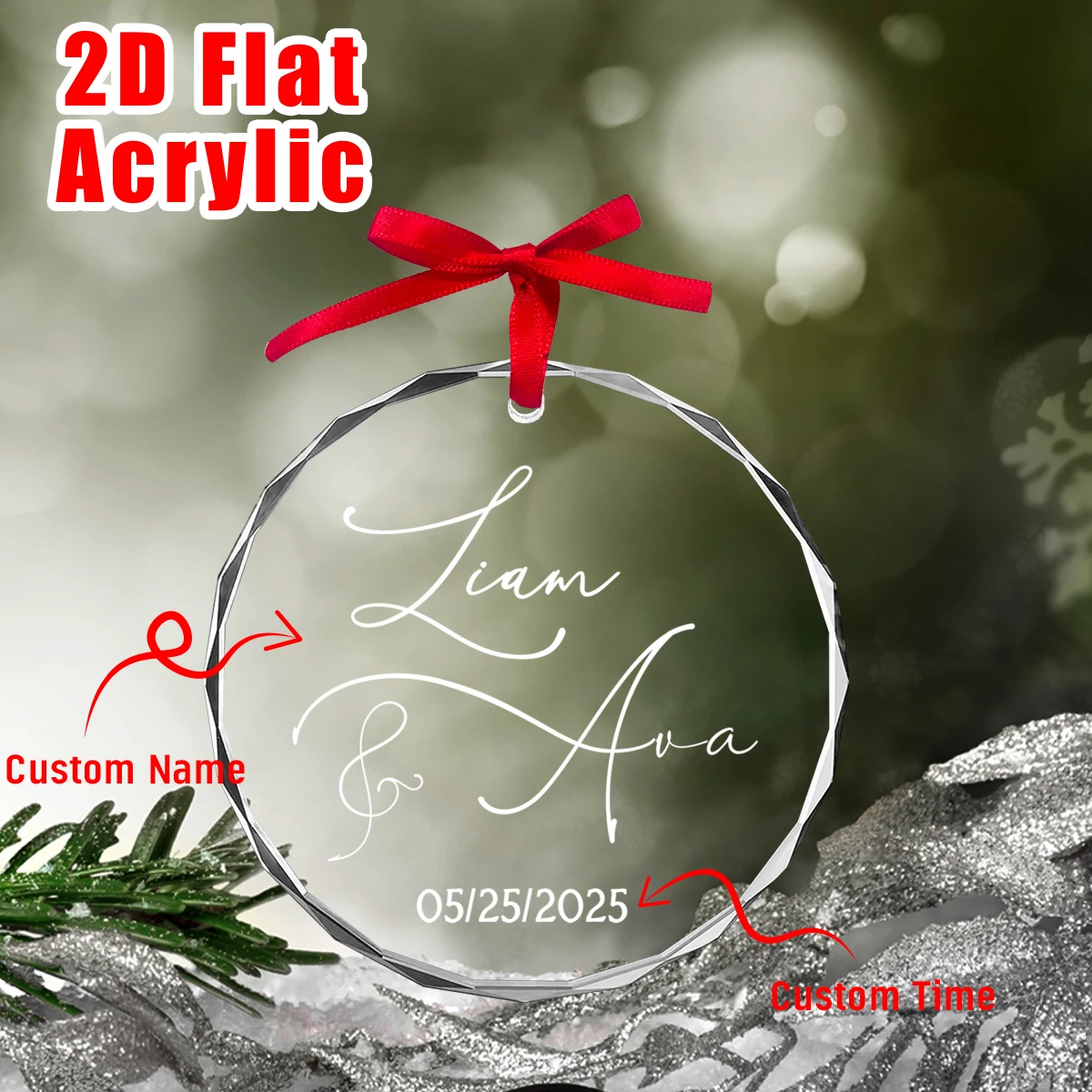 1pc Custom Name And Date Acrylic Christmas Ornament,Round Transparent Pendant,Wedding Anniversary Birthday Gift,Home Party Decor