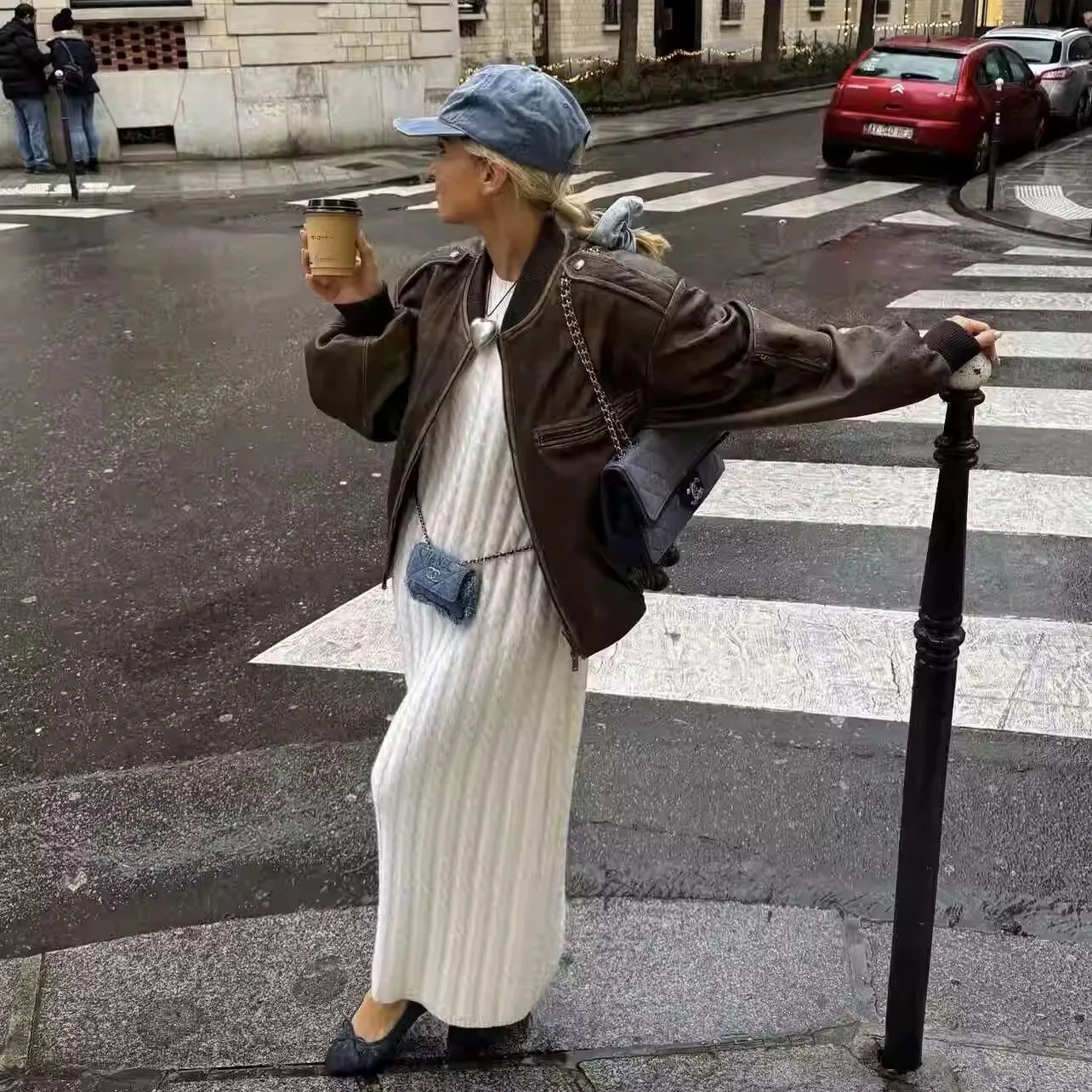 Autumn and Winter American Retro High Street Coffee Leather Jacket Design Sense Coat