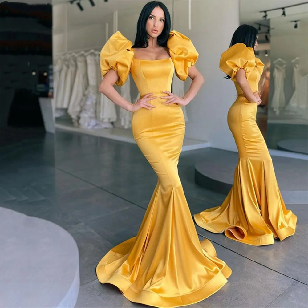 Vestido de noche de satén con manga abullonada de sirena Sexy amarillo, elegante vestido de fiesta Formal sin espalda con cuello cuadrado, falda de cola de pez hasta el suelo