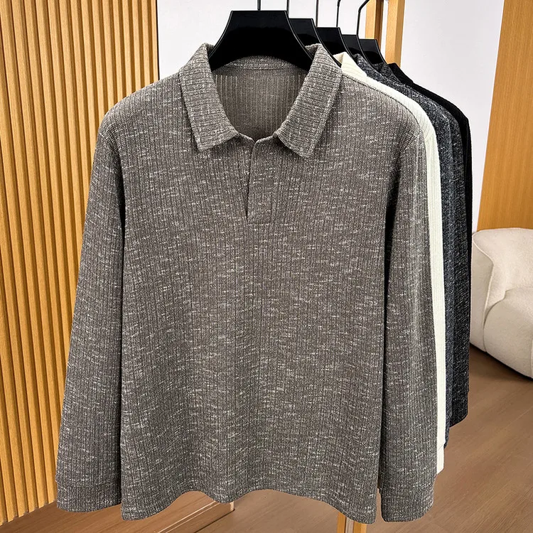 Herren-Polohemd mit Reverskragen, langärmelig, aus strukturiertem, geripptem Stoff, mit halber Knopfleiste, schmal geschnitten, weiches Strickoberteil, für den Alltag, lässige Herrenoberteile – Detail 12
