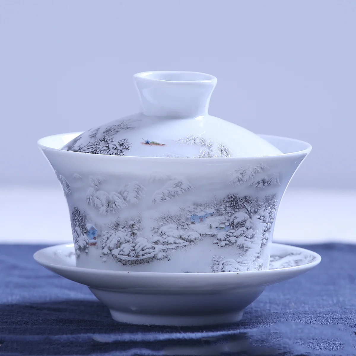 

Chinese Gaiwan Tea Cup Tureen Lid Saucer Snow View Relief Porcelain Tea Bowl Cup