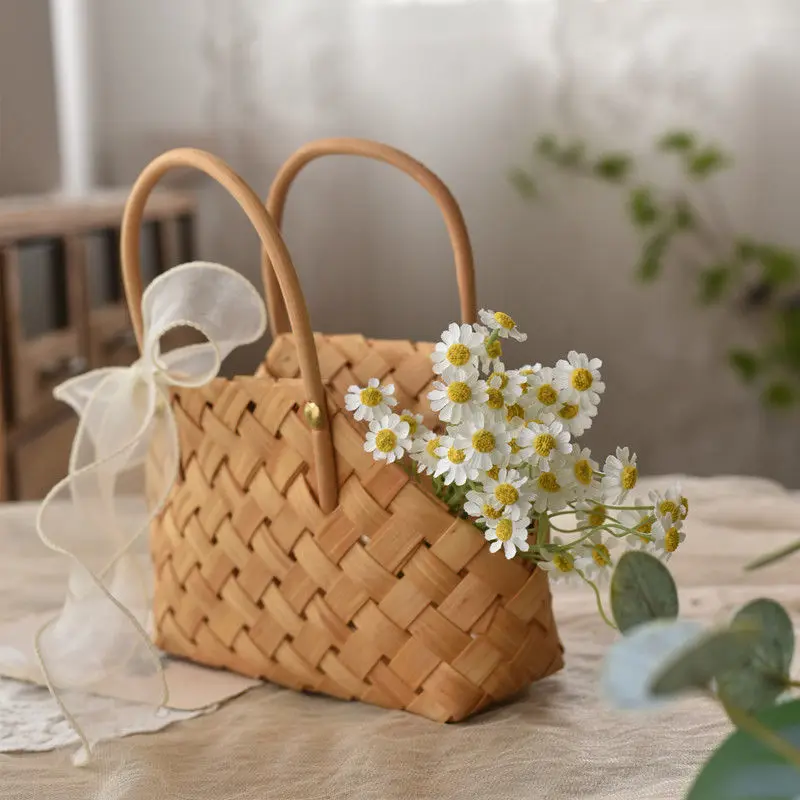 Ins Rustic Style Bamboo Small Flower Basket Flower Arrangement Picnic Handmade Rattan Weaving Carry Basket