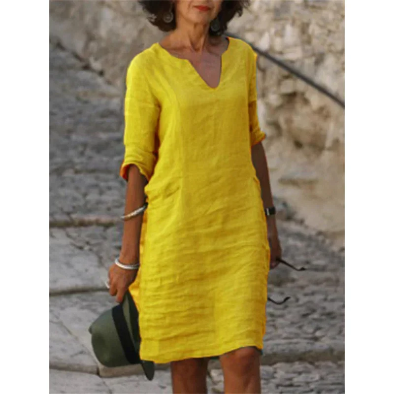 Dress 3 Quarter Vintage Casual V Neck Loose Waist Midi Beach Dress Women Clothing Green Blue Yellow Robe Polyester