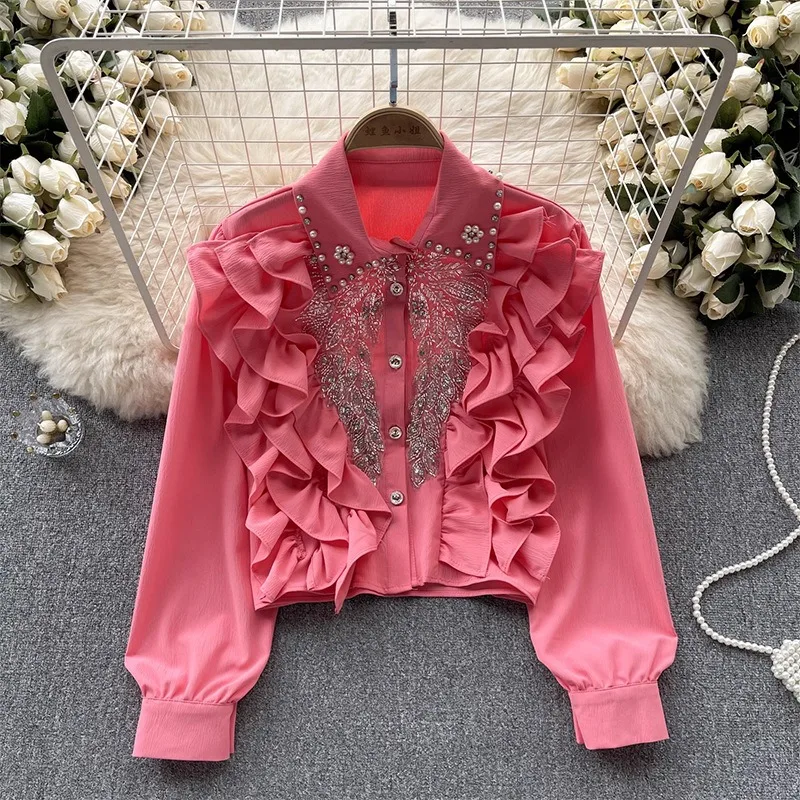 

2026 Fashion Long-sleeve Blouses Women's Summer Short Shirt Ruffled Rivet Beading Sequins Casual Top Lady Streetwear Slim Shirts