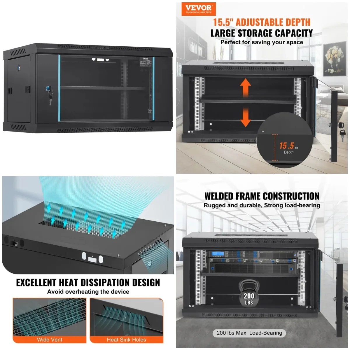 

6U Wall Mount Server Cabinet, 15.5' Deep, Locking Glass Door, 200 lbs Capacity, for IT & A/V Equipment