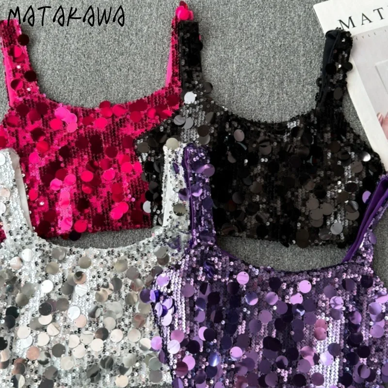 

Matakawa Sequins Spring Summer T Shirt for Women Ins Fashion Hot Sexy Club Tank Tops Shiny Vintage Basics Ropa De Mujer