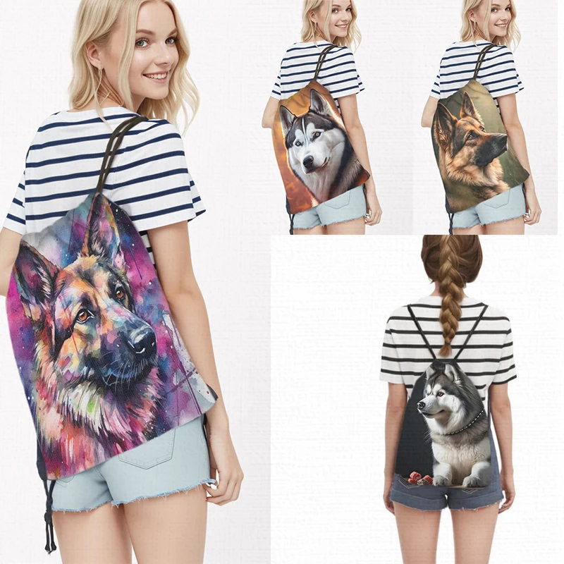 

Cool Colorful German Shepherd Dog Print Drawstring Bag Alaskan Malamute Women Men Backpack Husky Storage Bag Boys Shoe Holder