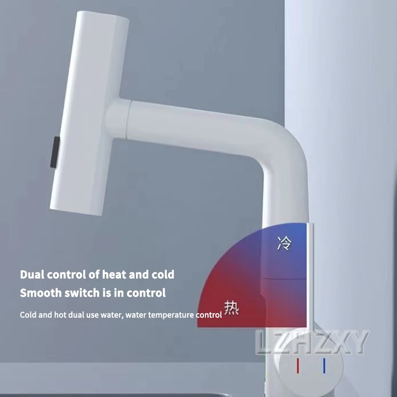 Waterfall Pull Out Kitchen Faucet White Intelligent Digital Display Cold Hot Mixer Taps Rotatable Sink Lifting Basin Faucet