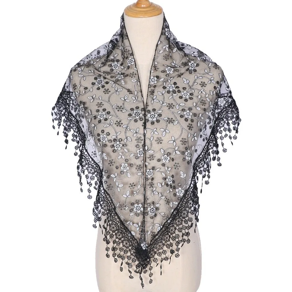 Gifts Triangle Lace Veil Headscarf Breathable Floral Hollow Shawl Lace Triangle Veil Sequined Gauze Scarf