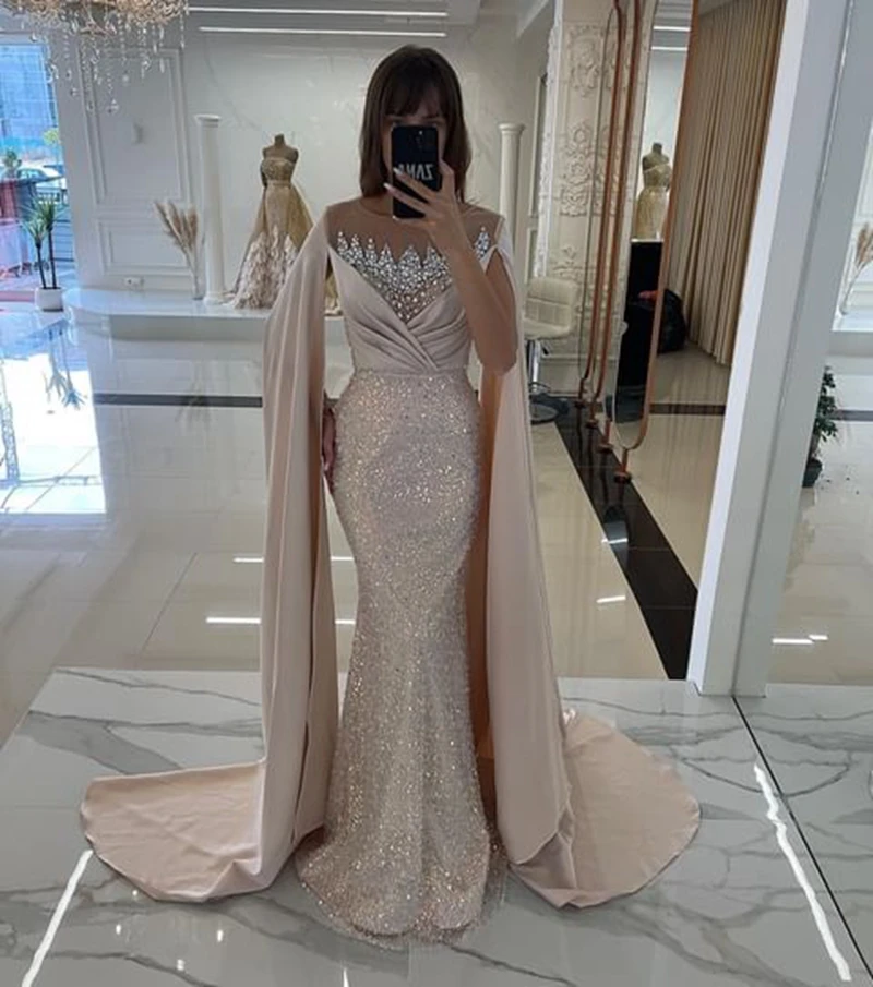 LORIE Mermaid Evening Dresses Modern Satin Scoop Prom Dresses With Cape Sleeves Vestidos De Fiesta Elegantes Para Mujer 2023