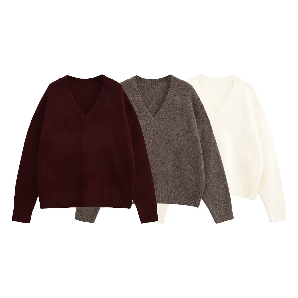 

Новая женская одежда, простой повседневный универсальный свободный свитер, мягкий вязаный свитер с v-образным вырезом и длинными рукавами