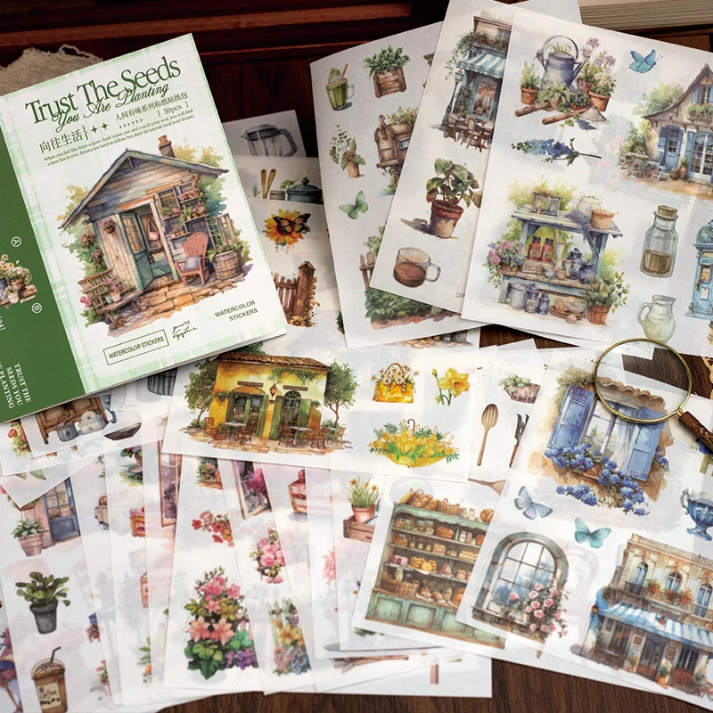 Mr Paper 50Pcs/book Japanese paper die-cut sticker book retro landscape characters cabin forest coffee DIY handbook scene image 2