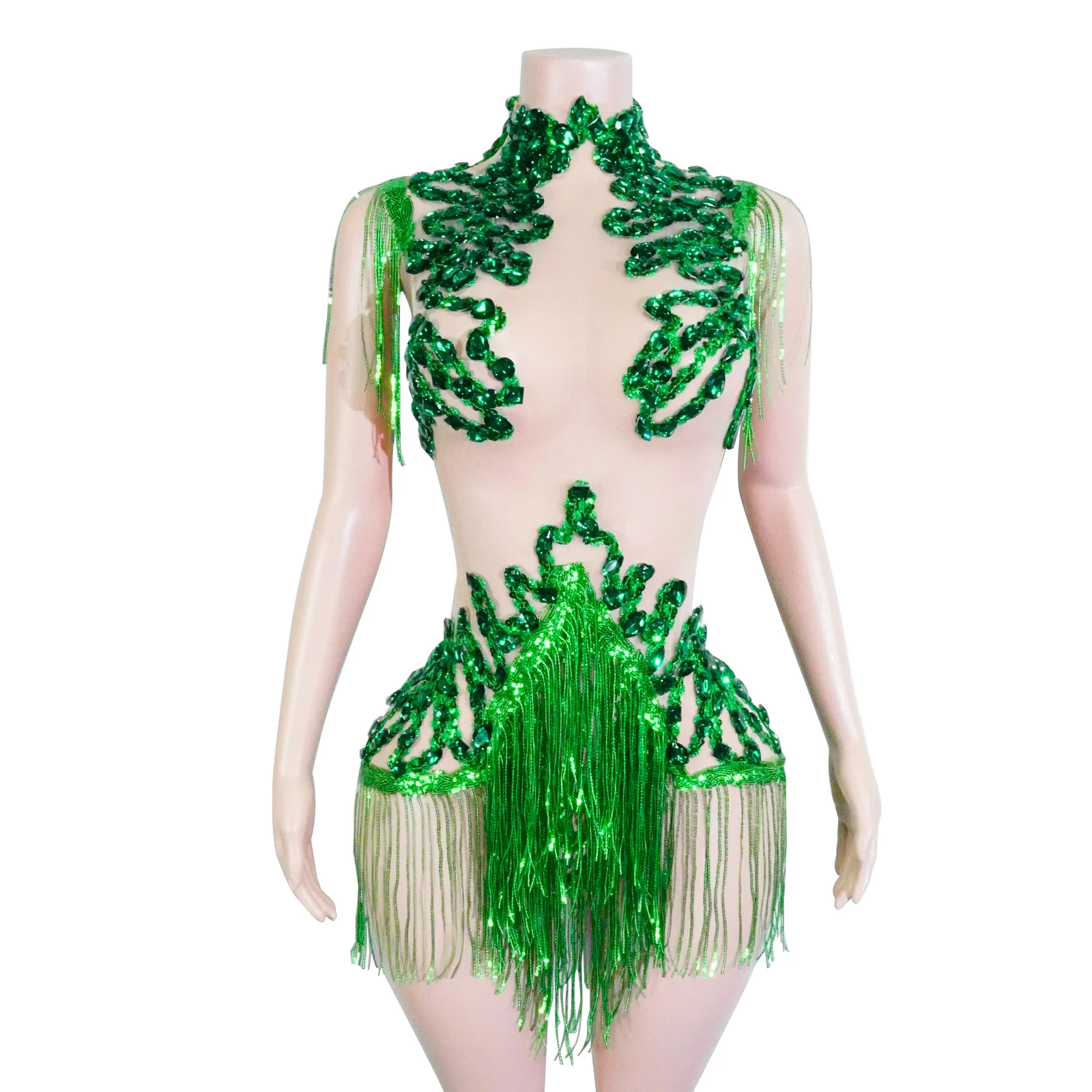 Zwarte pailletten franjes turnpakje mesh doorzichtige party bodysuit dames glittersteentjes nachtclub prom gogo dans podiumoutfits