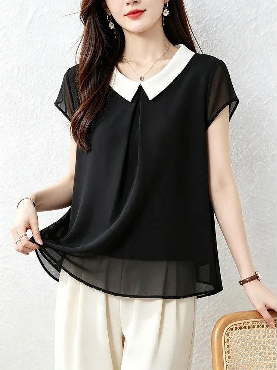 Black White Contrast Color Chiffon Shirt Summer 2026 Loose Fitting Short Sleeve Baby Doll Collar Belly Covering Stylish Top