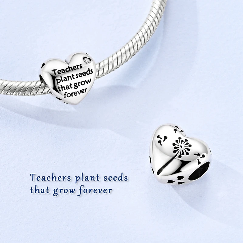 925 Sterling Silver Teacher Heart Charm Bead Dandelion Engraved Heart Bead Gratitude & Eternal Impact Fit Bracelet Jewelry Gift