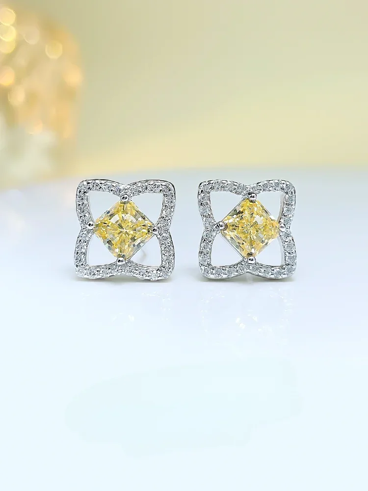 925 sterling silver sweet yellow diamond simple earring inlaid with imported high carbon diamond light luxury versatile