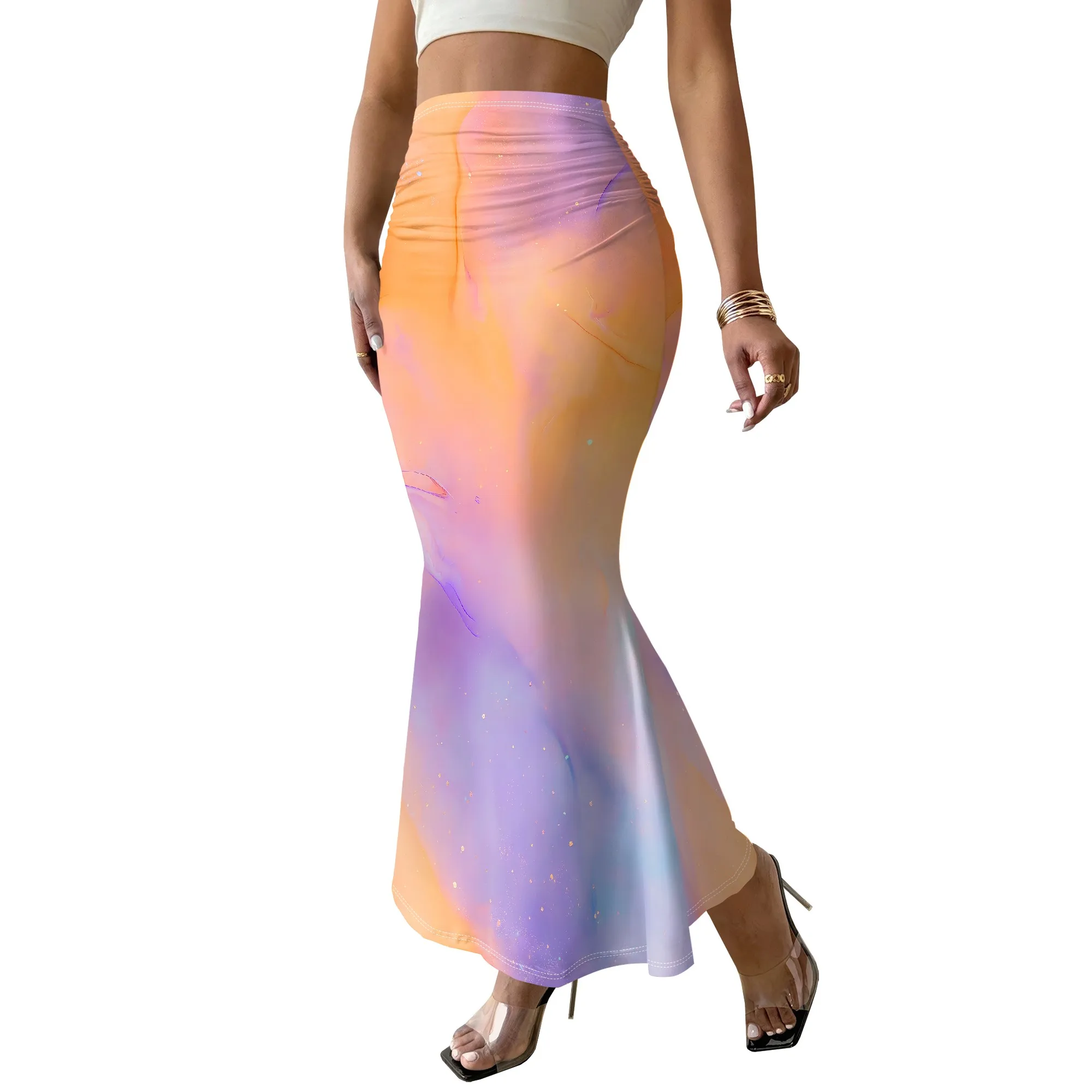 Galaxy Print Skirt, Mermaid Hem Maxi Skirt, Gradient Space Pattern, High Waist Bodycon Skirt for Party Clubwear, S-3XL