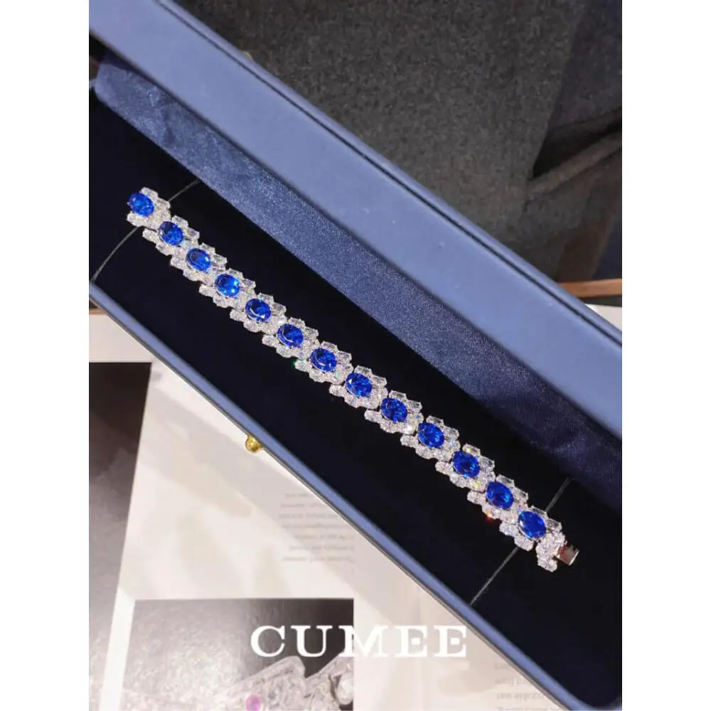 CUMEE Luxury Fine Jewelry Studded Cultivated Synthetic Blue Gemstone Bracelet Silver Gold-plated Tennis Bracelet For Women